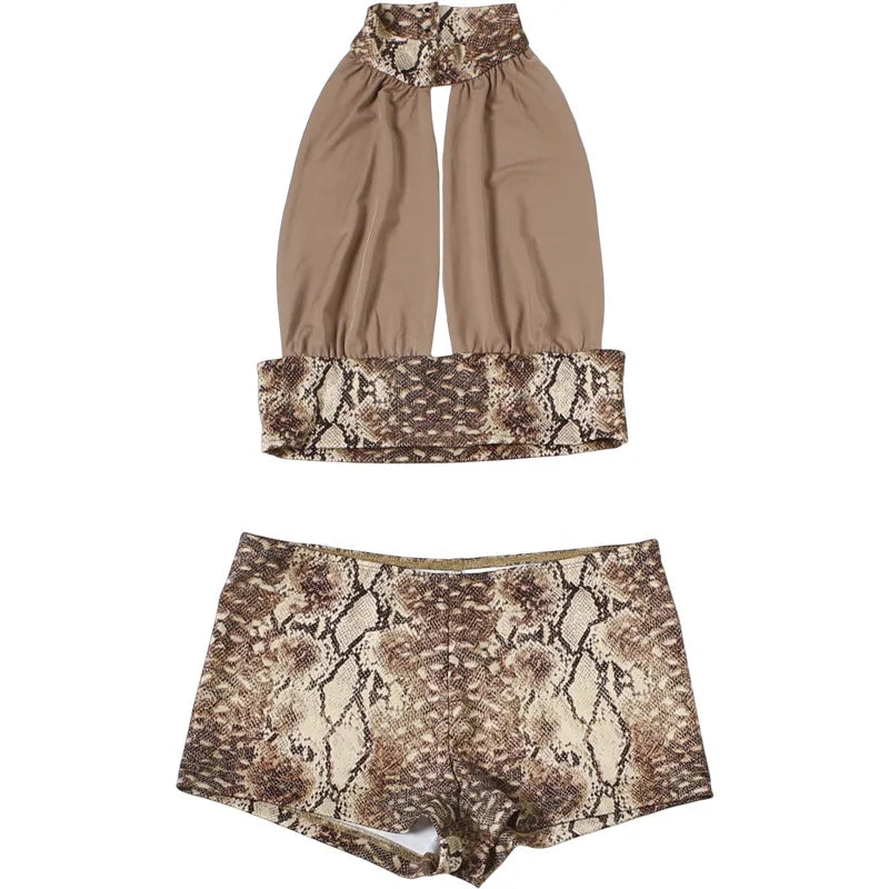 Snake Print Halter Backless Crop Top and Shorts Set Plunge Neck Bodycon Two Piece Clubwear