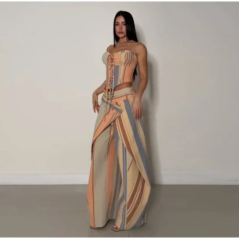 Chic Strips Pants Women Set Patchwork Slash Neck Bandage Top Pleated Asymmetry Trousers
