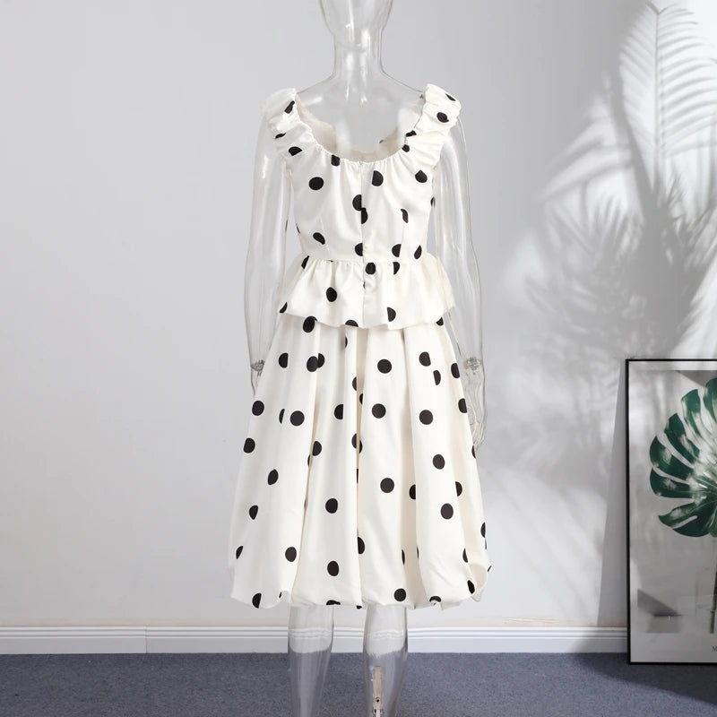 Fashion Women's Lady Suit Halter A-line Tops Bud Loose Skirt Polka Dot Set
