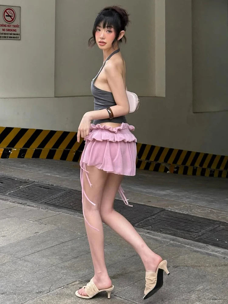 Sweet 2-Piece Set Women Halter Backless 3D Decoration Top+Folds Tassel Elastic Waist Skirt