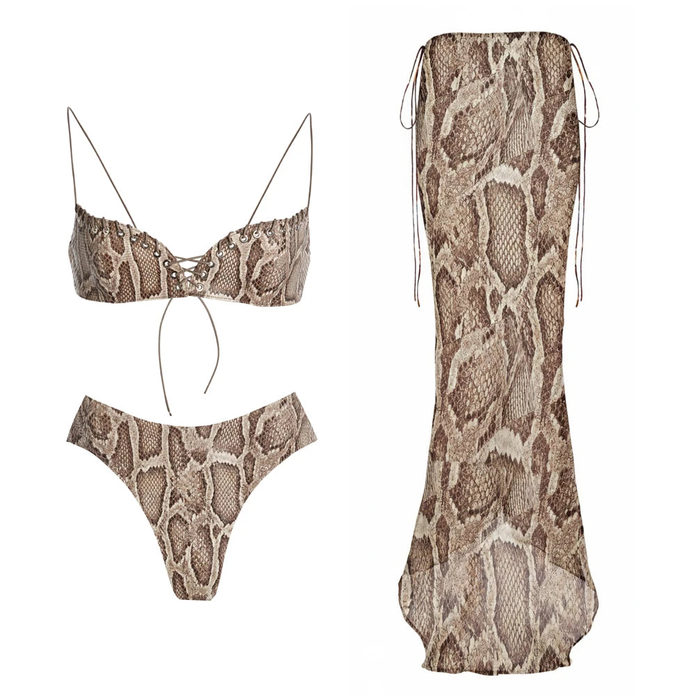Print Bikini With Lace Up Skirt Swimwear