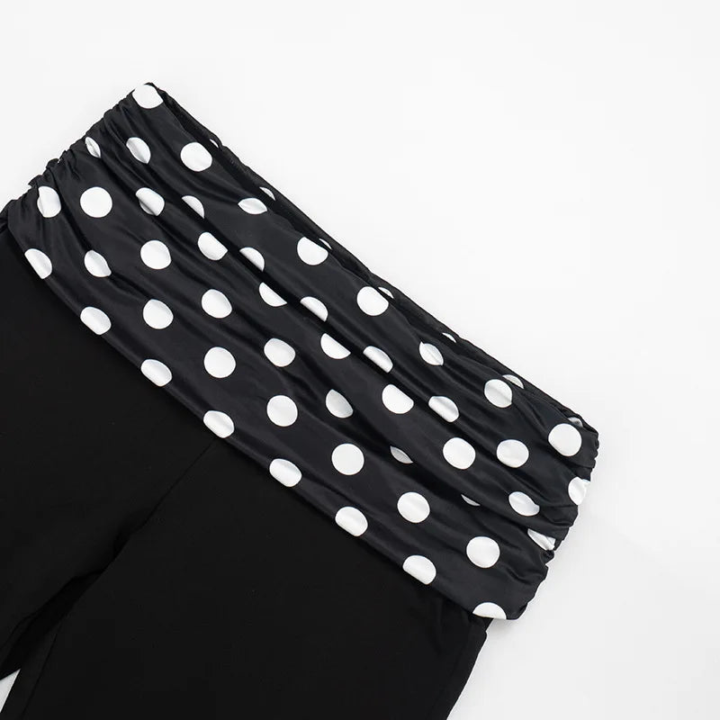 Patchwork Polka Dot Print Two Piece Set With Backless Halter Crop Top And Pleated Waist Capri Pants