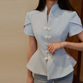 Blue Stand Collar Puff Sleeve Blazer Single Breasted