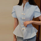 Blue Stand Collar Puff Sleeve Blazer Single Breasted
