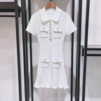 Polo Neck Knit Dress With Elastic Slim Fit And Multi Pocket Wrapped Hip Skirt