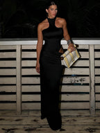 Hollow Backless Patchwork Elegant Evening Dress For Women Turtleneck Sleeveless Ankle Length Ruched Detailing