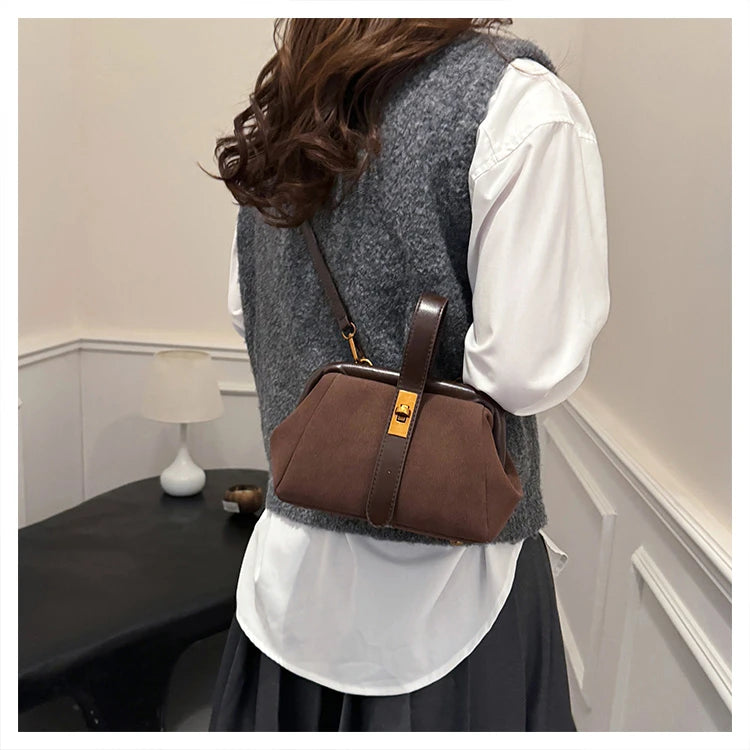 Luxe Faux Suede Frame Shoulder Bag With PU Accent Elegant Crossbody