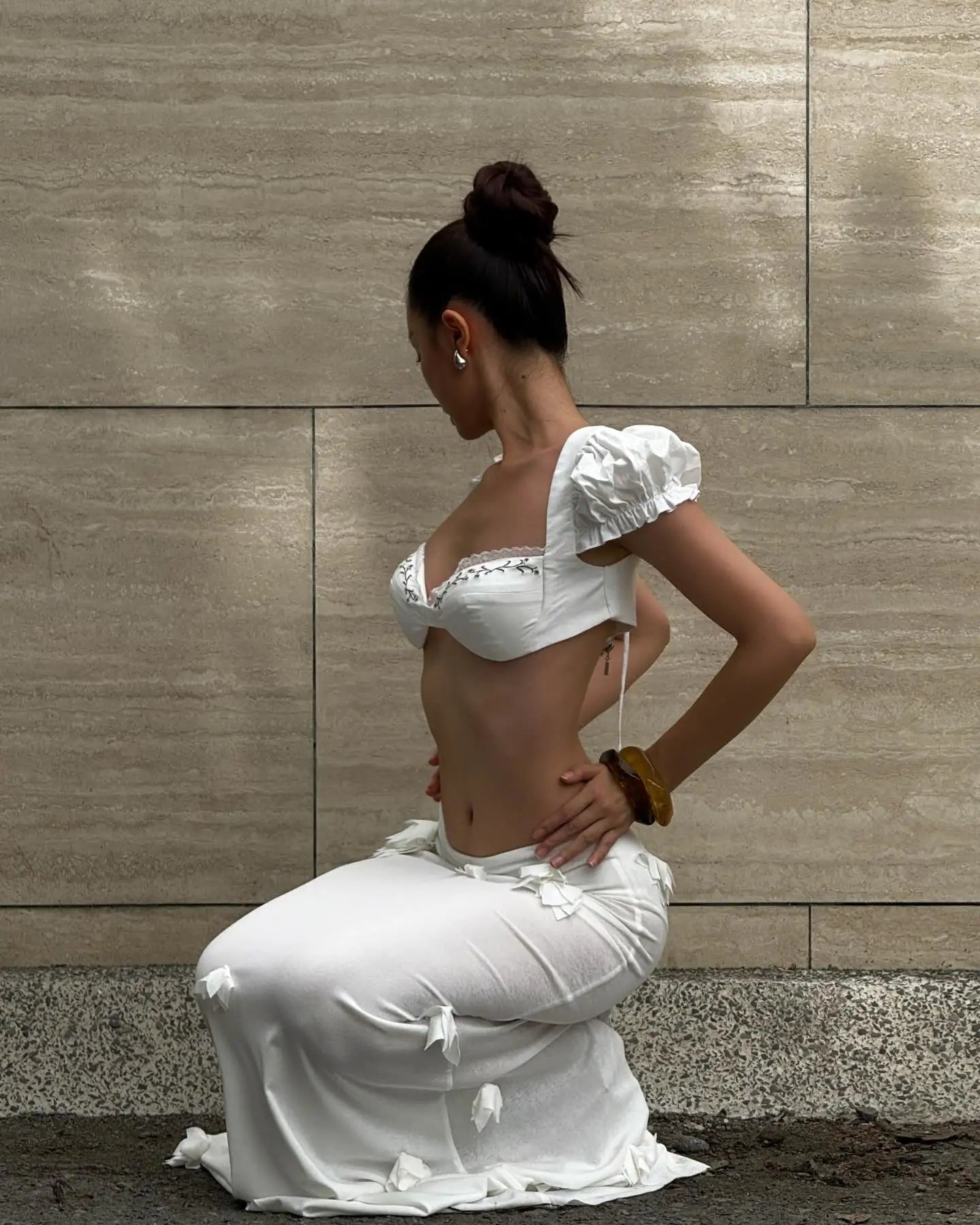 Elegant Satin Maxi With 3D Floral Embellishments Flowy Evening Skirt