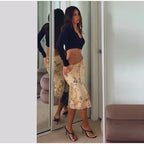 Floral Print Strapless Tassel Crop Top With Low Waist Midi Skirt Set