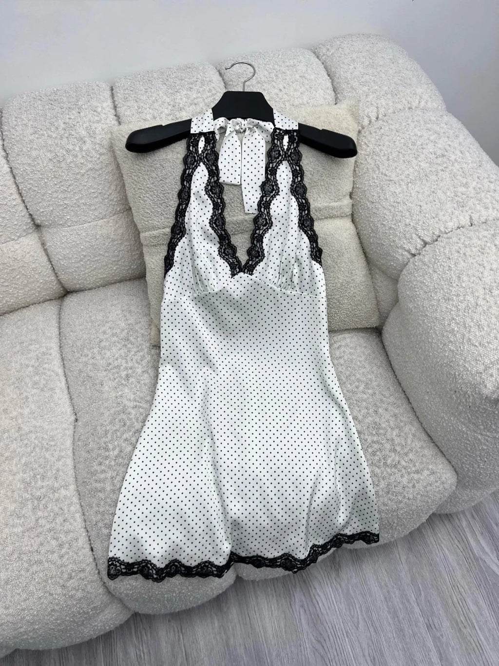 Satin Halter Mini Dress With V Neck And Polka Dot Lace Trim Backless