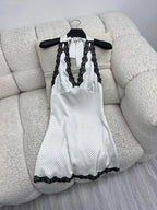 Satin Halter Mini Dress With V Neck And Polka Dot Lace Trim Backless