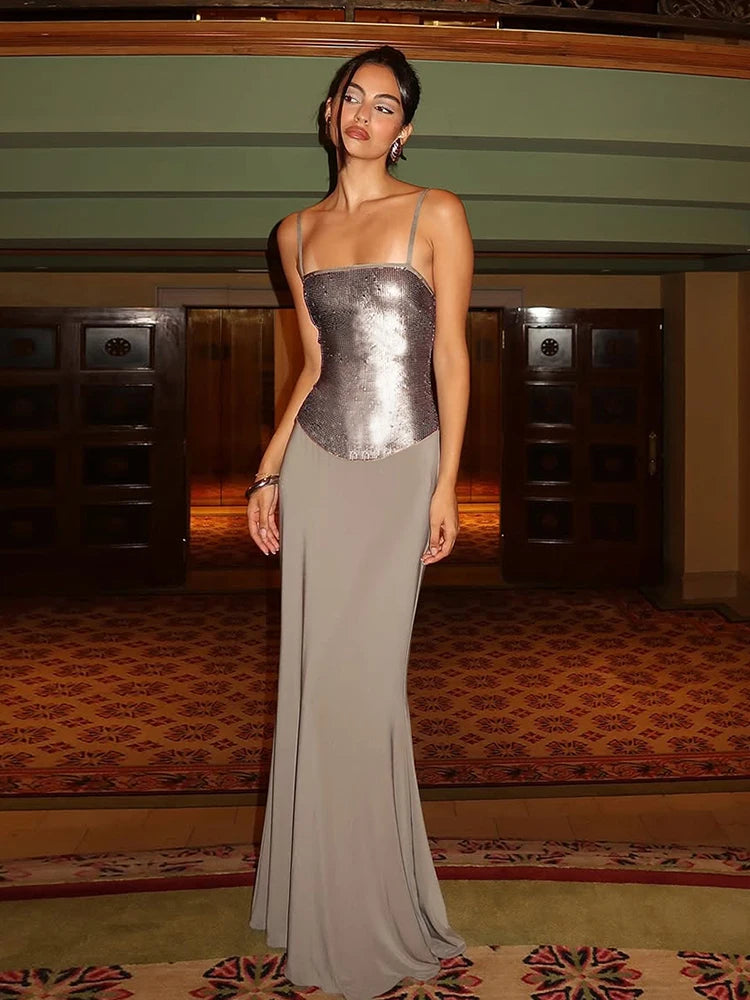 Patchwork Sequin Sling Dress Glamour Backless Bodycon Evening Gown