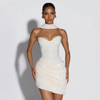 Sequin Patchwork Strapless Mini Dress Off Shoulder With Scarf Collar And Pleated Waist Cinch