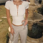 Women's Ribbed Knit Button Front Crop Top Short Sleeve Notch Neck Fitted Blouse