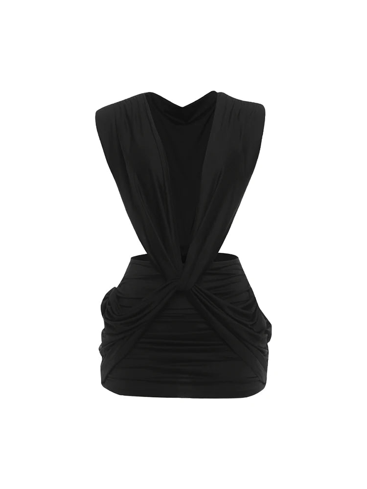 Patchwork Ruched Deep V Neck Sleeveless Backless Bodycon Dress