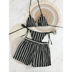 Retro Striped 3 Pieces Knitted Mesh String Bikini Set Swimsuit