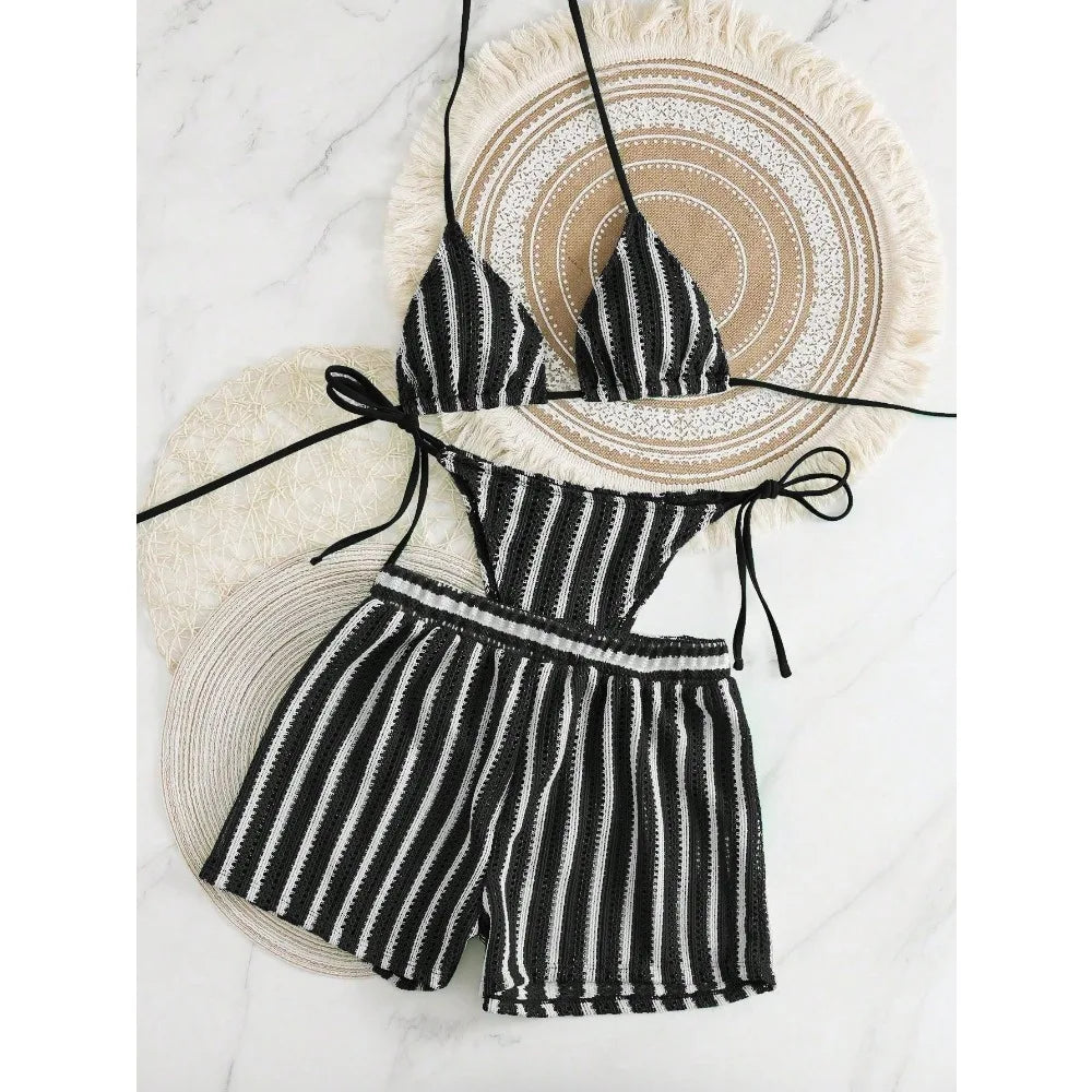 Retro Striped 3 Pieces Knitted Mesh String Bikini Set Swimsuit