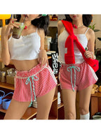 Vintage Kawaii Ruffles Lace Trim Striped Shorts With Drawstring For Cozy Cottagecore