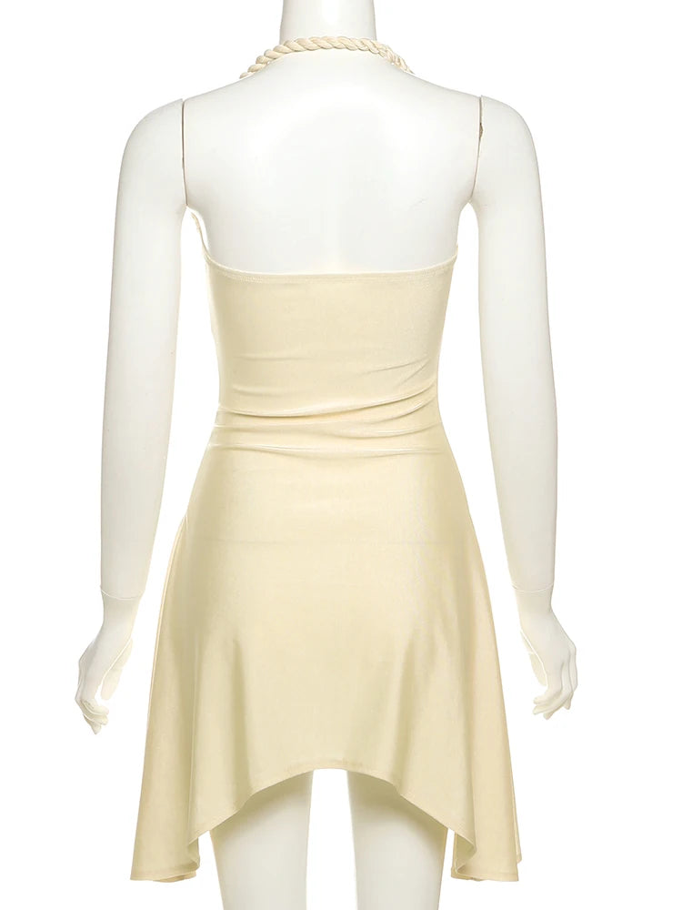 Metallic Satin Halter Mini Dress With Backless Ruched Silhouette