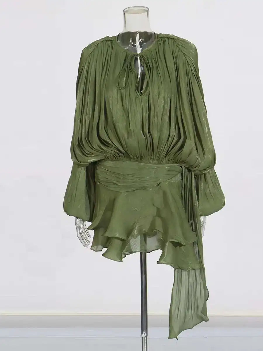 Lace Up V Neck Mini Dress For Women Long Sleeve