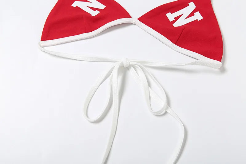 Letter Print Two Piece Halter With Wrapped Chest Tops Backless