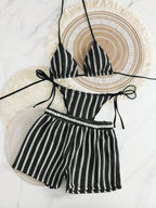 Retro Striped 3 Pieces Knitted Mesh String Bikini Set Swimsuit