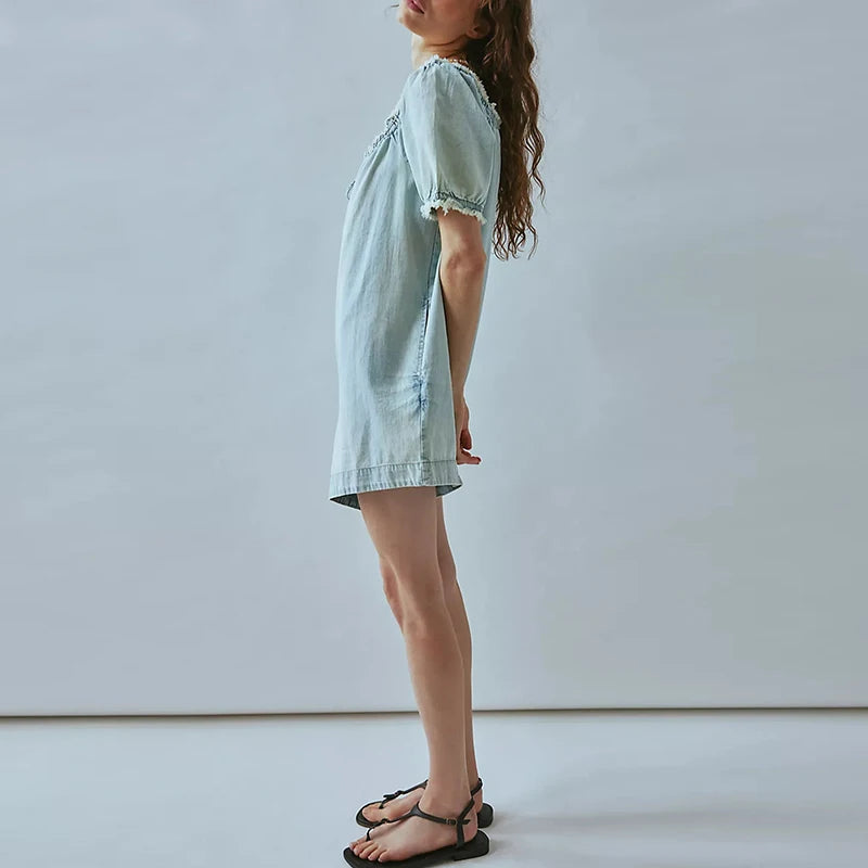 Lace Up Mini Jumpsuit Square Neck Denim Fringed Bubble Sleeve Bodysuit