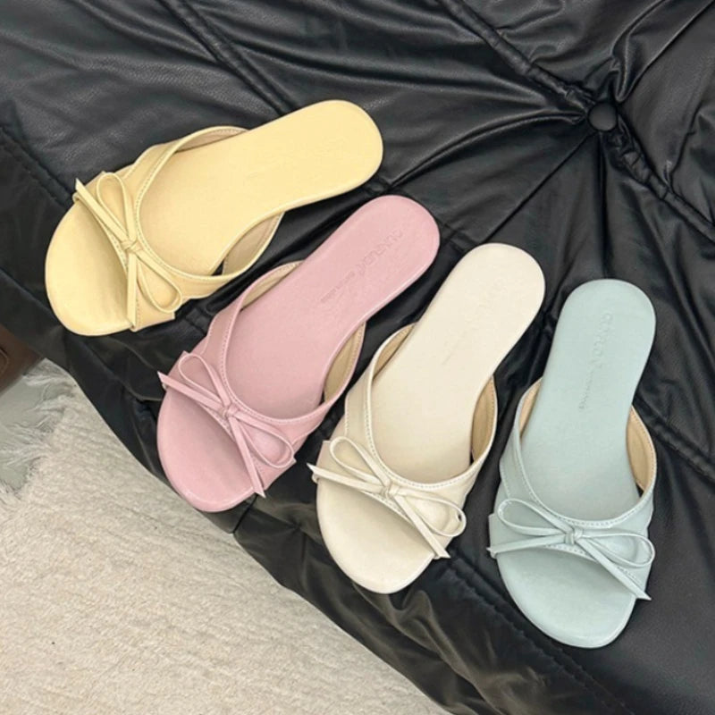 Butterfly Knot Open Toe Slides For Women Non Slip Flats