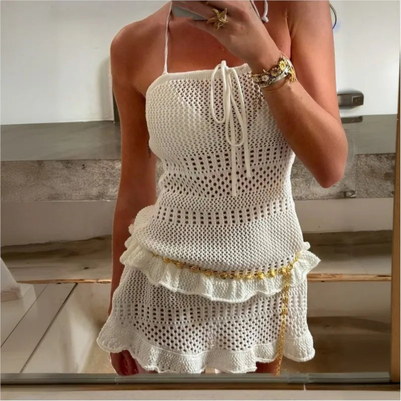 Sexy Women Knit Beach Dress Hollow Out Sleeveless Bikini Cover-Ups Mini Dress