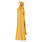 Elegant Silk Satin Halter Maxi Dress Backless Ribbon Tie Evening Gown