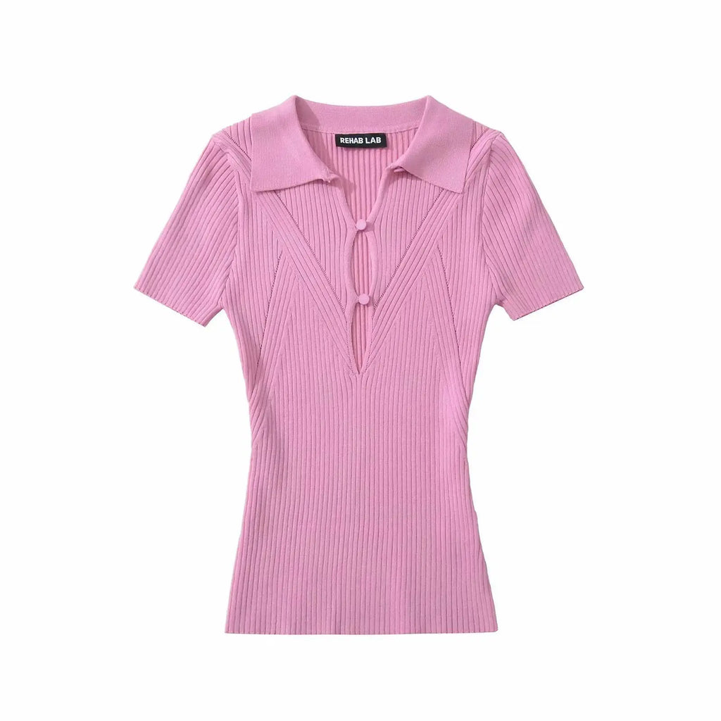Knit Turn Down Collar Pullover For Women Slim Stretch Short Sleeve Top