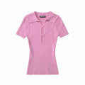 Knit Turn Down Collar Pullover For Women Slim Stretch Short Sleeve Top