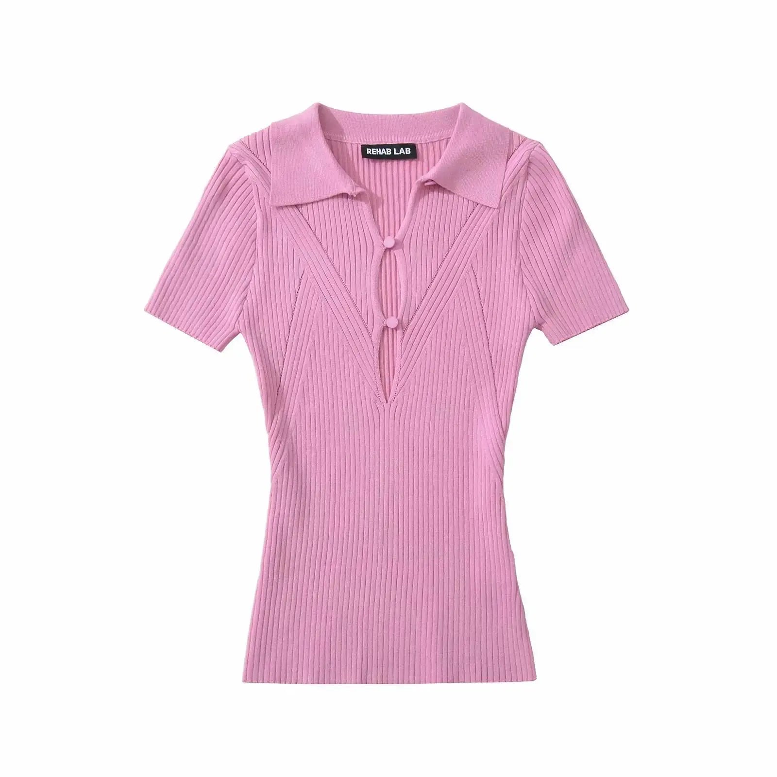 Knit Turn Down Collar Pullover For Women Slim Stretch Short Sleeve Top