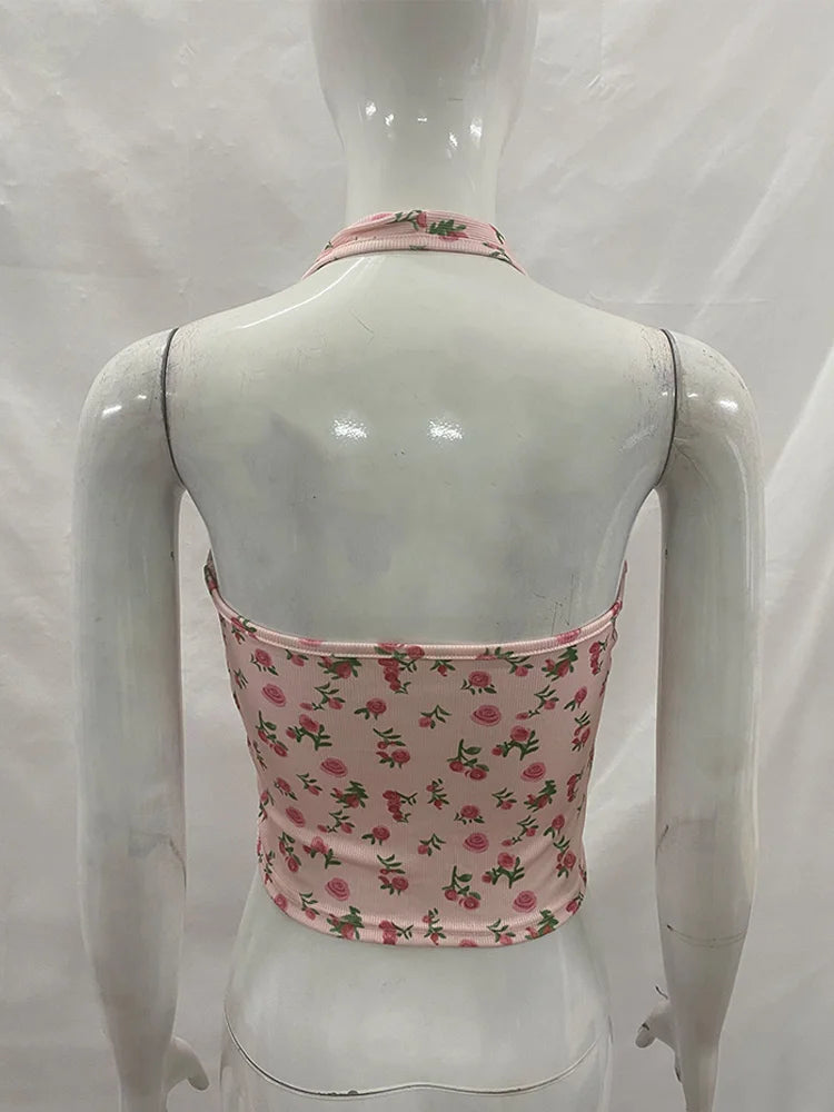 Rose Print Backless Tank Top With Slim Fit Crop