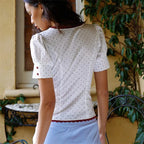 Romantic Dots Print Lace Trim Short Sleeve Top With Button Details And Scoop Neck
