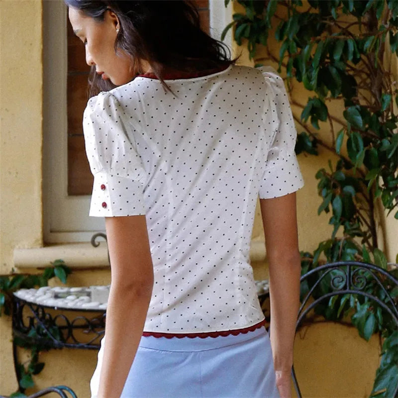 Romantic Dots Print Lace Trim Short Sleeve Top With Button Details And Scoop Neck