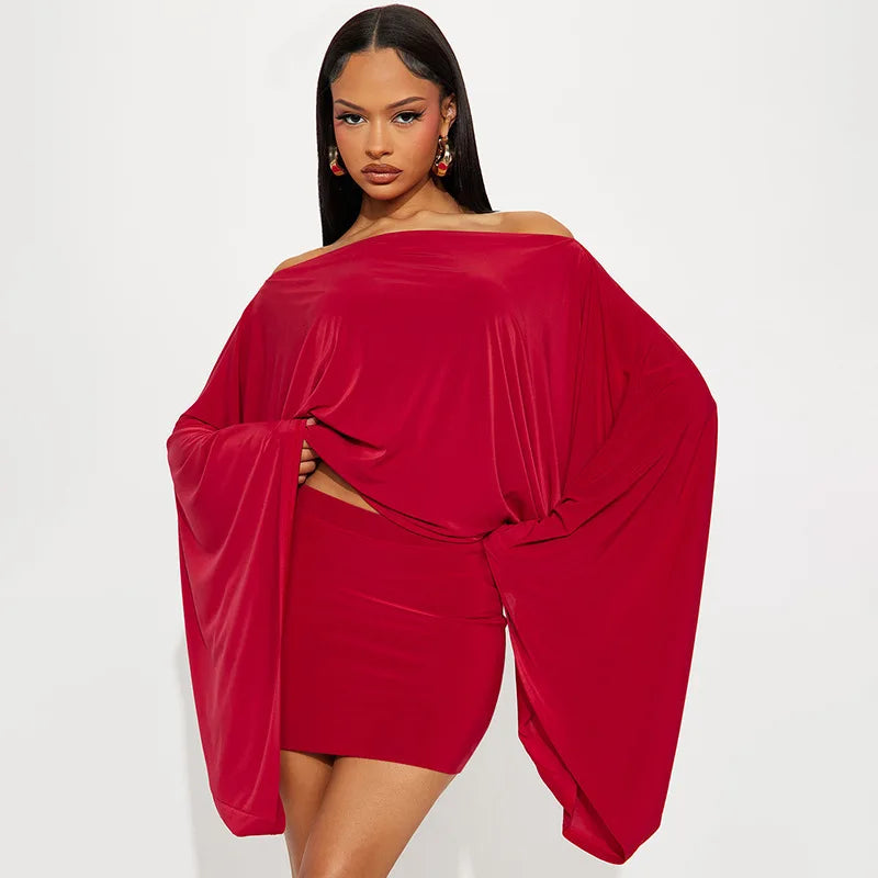 Sexy Slash Neck Two Piece Set With Flare Sleeve Top And Peach Skirt