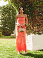 Gradient Flowy Chiffon Three Piece Set With Tube Top Tiered Skirt And Sheer Scarf