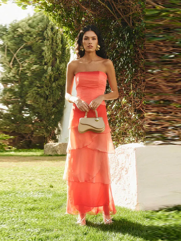 Gradient Flowy Chiffon Three Piece Set With Tube Top Tiered Skirt And Sheer Scarf