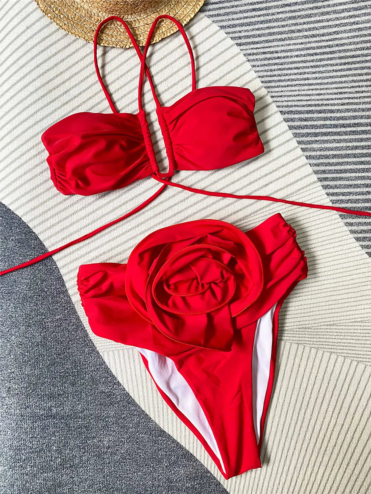 Floral 3D Detail Bikini Swimsuit With High Waist And Wrinkled Texture For Beach Days