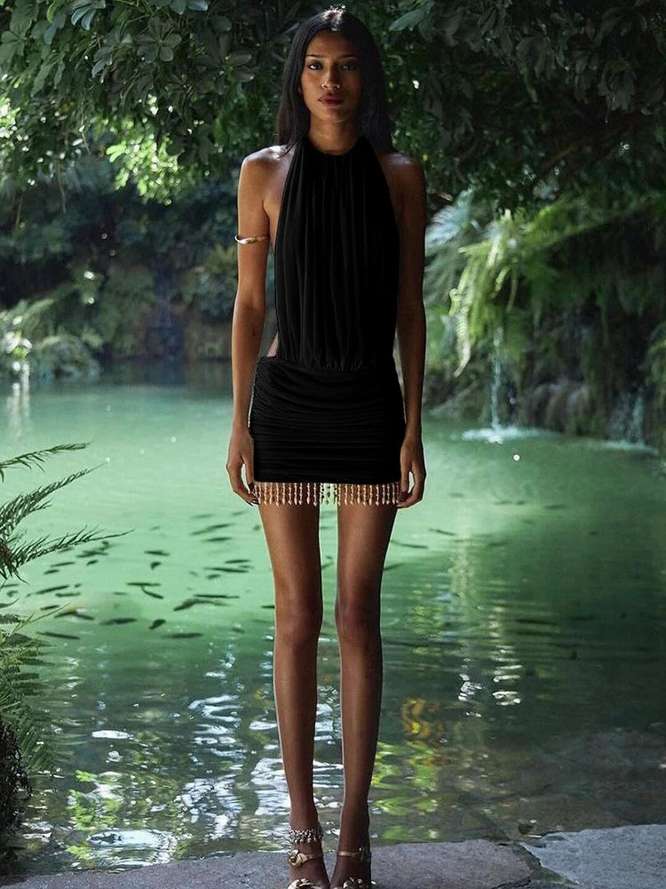 Patchwork Mesh Mini Dress With Lace-Up Halter Backless Tassel Detail
