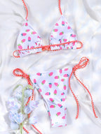 Floral Bow Pink Bikini Swimsuit For Women Low Waist Bandage Beachwear Chic Summer Bathing Suit