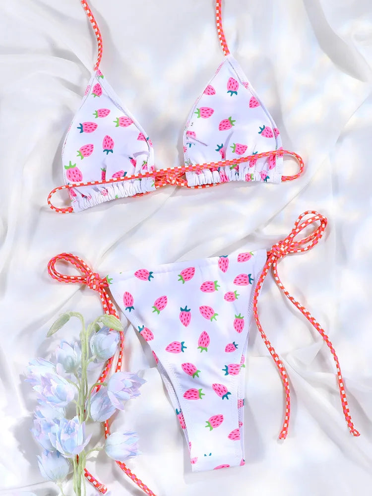 Floral Bow Pink Bikini Swimsuit For Women Low Waist Bandage Beachwear Chic Summer Bathing Suit