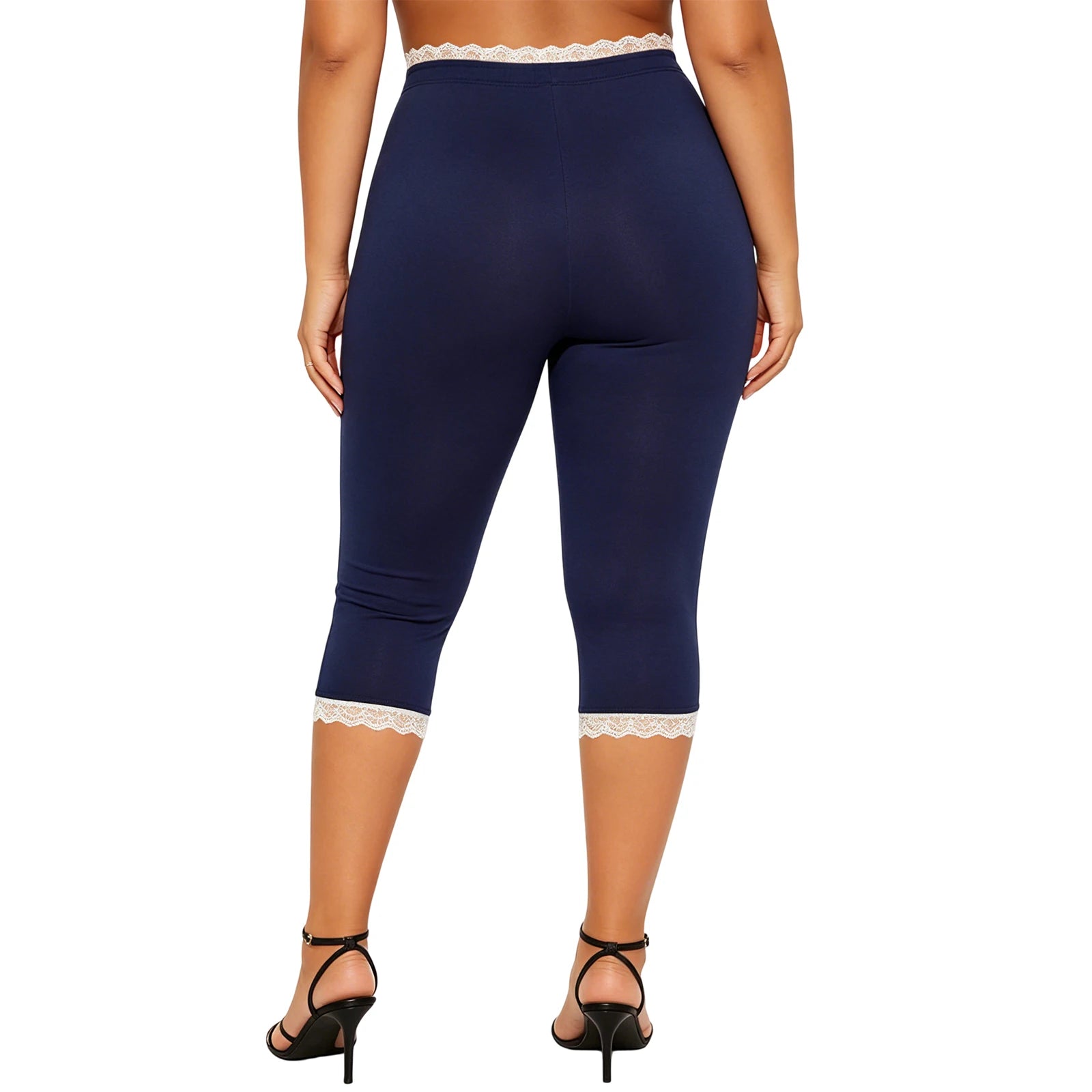 Retro Lace Trim Capri Pants With Elastic Waist