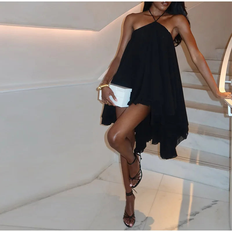 Halter Ruffles Dress Strapless Sleeveless Backless