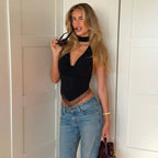 Halter V Neck Backless Crop Top With Lace Up Crystal Tassels