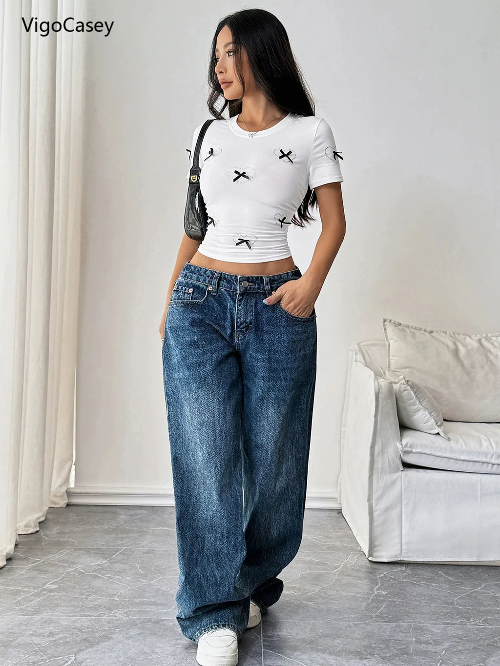White Bow Heart Crop Tee O Neck Short Sleeve