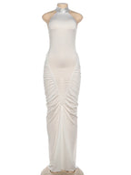 Elegant Backless Halter Ruched Long Dress With Striped Detailing