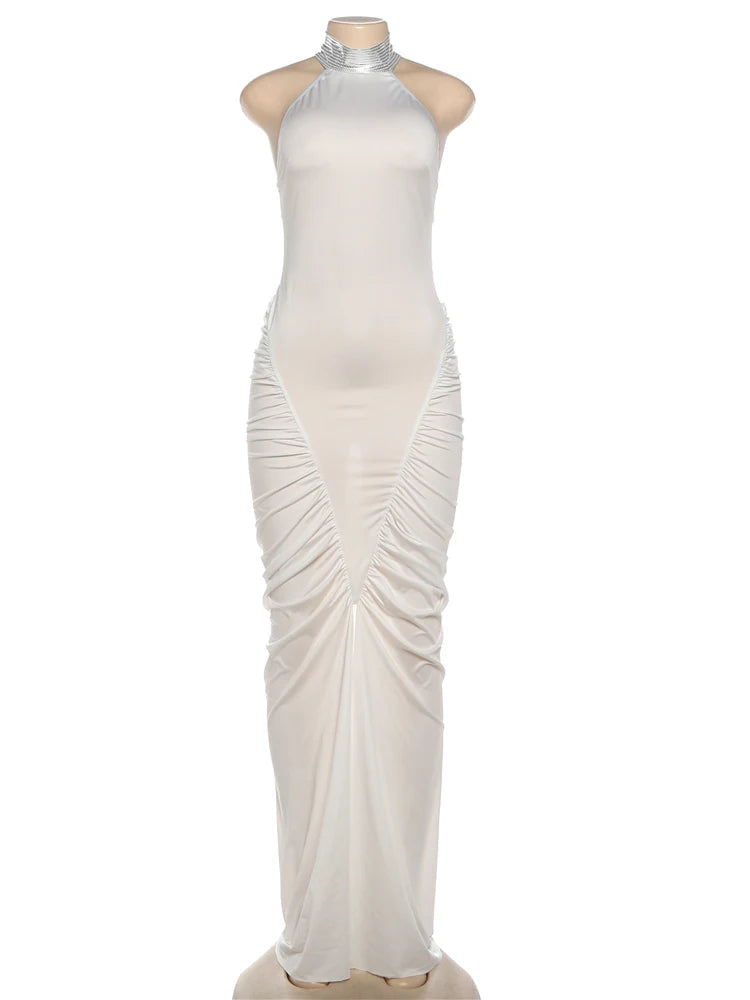 Elegant Backless Halter Ruched Long Dress With Striped Detailing