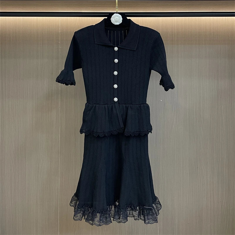 Lace Patchwork Dress With Ruffle Layers And Short Sleeves